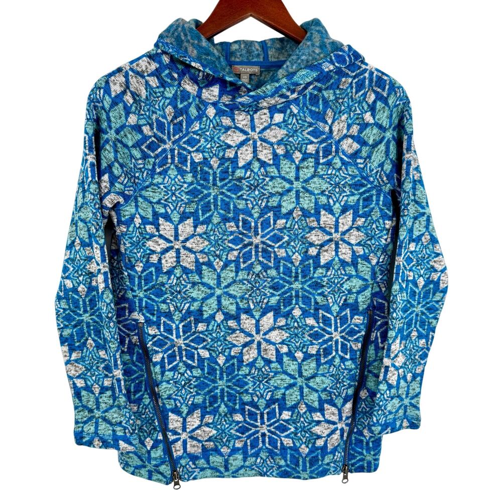 Talbots Sz XS Blue White Winter Snowflake Christmas Hoodie Blouse Shirt Top